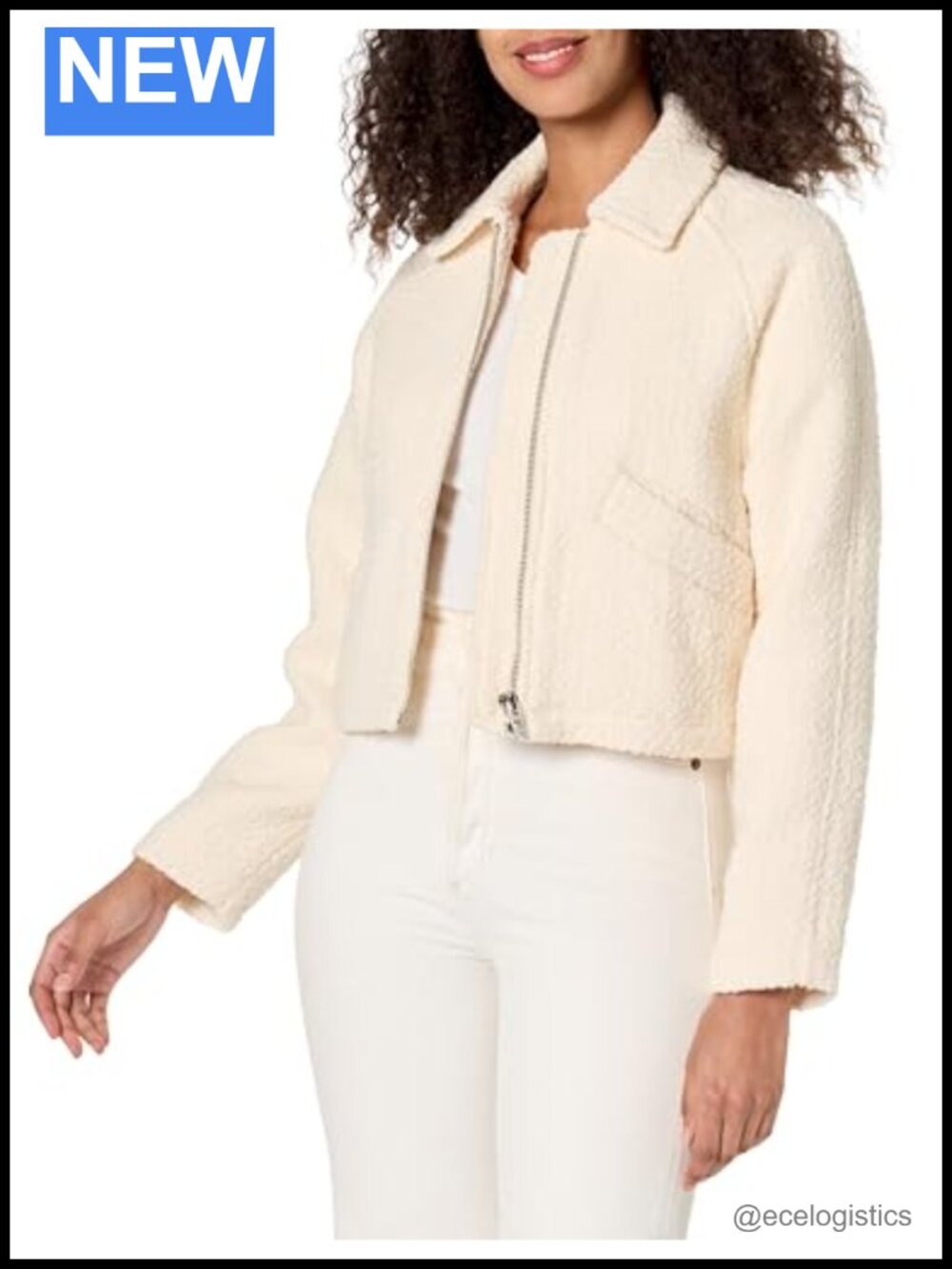 Tweed Cropped Jacket - Zipper Front, Notch Collar, Long Sleeve